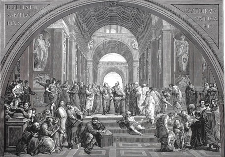 The School of Athens, woodcut after a fresco by the painter Raphael, which he produced from 1510 to