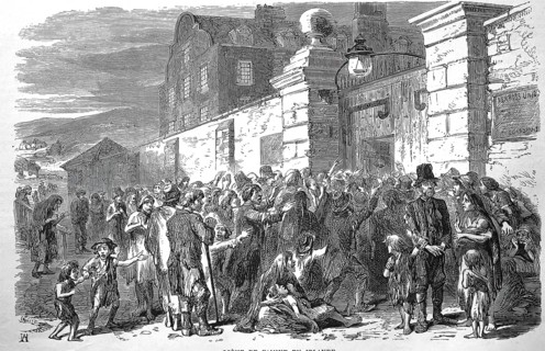 Scene of a famine in Ireland, people begging for food, around 1846, consequence of several crop