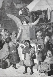 Girl dressed as a Christmas angel selling dolls and figures at a market stall at the Christmas