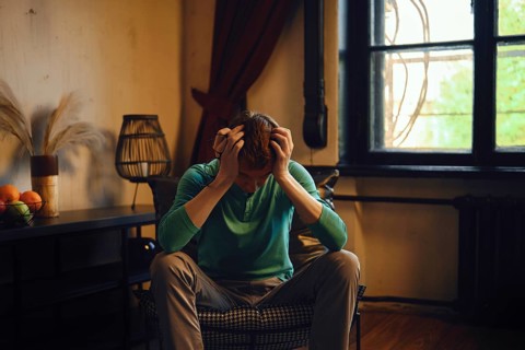 A man sits on a chair visibly overwhelmed and stressed. He put his head in his hands in frustration