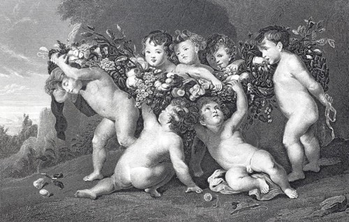 The fruit wreath, many children playing with fruit, steel engraving after a painting by Rubens,