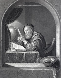 Scholar writing with a pen, Scientist, 1680, Historical, digitally restored reproduction of a 19th