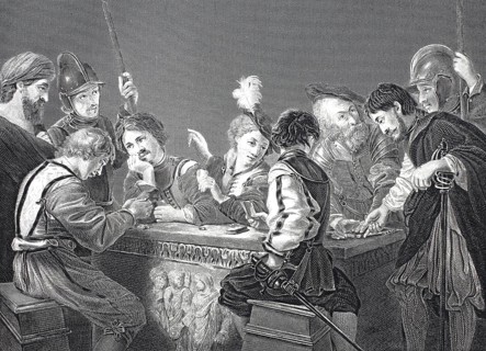 Roman soldiers in conversation, steel engraving after a painting by Caravaggio, historical,