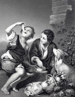 Eating boys, boys eating melon, fruit, steel engraving after a painting by Bartolome Esteban