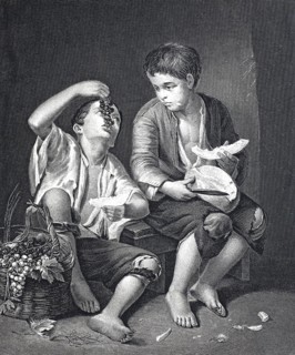 Eating boys, boys with grapes and melon, fruit, steel engraving after a painting by Bartolome