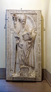 Historic tomb slab with the figure of a bishop, Museum Zeitzer Schloss Moritzburg, early baroque