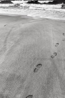 Path to the sea, Skarðsvík Beach, footprints, shoe prints on the sandy beach, coastal landscape,