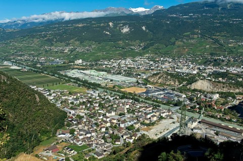 The towns of Chippis, foreground, and Sierre, background, in the Rhone Valley, the production