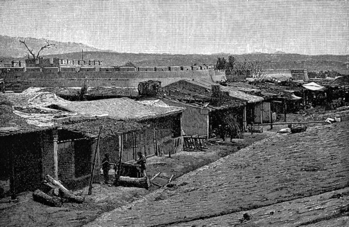 Kashgar or Kaxgar, traditional clay buildings with thatched roof, castle-like complex with circular