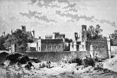 Old royal palace in Gondar or Gonder, former capital, traditional adobe architecture, wall, towers,