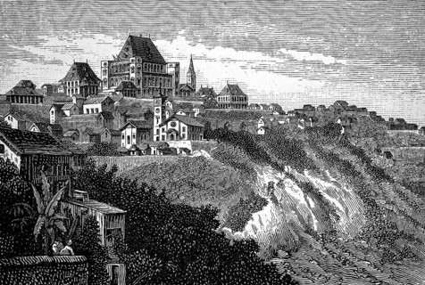 Capital Antananarivo or Tana, former royal palace Rova of Antananarivo with four corner towers,