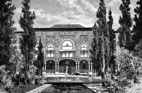 Palace of the Shah of Persia with rich ornamentation, garden and park, water features, fountain,