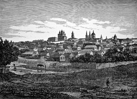 View over the meadows and the Volga towards Astrakhan, city on a hill with numerous churches and