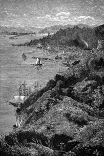 St. Lawrence River near Quebec, timber export, cargo ships, tall ships, shore landscape, forests,