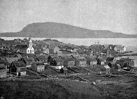 Capital Thórshavn or Thorshafen on the island Streymoy, cathedral church, grass roof houses, stone
