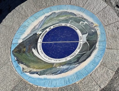 Orientation board on stone plinth at viewpoint on third highest asphalted pass in the Alps highest
