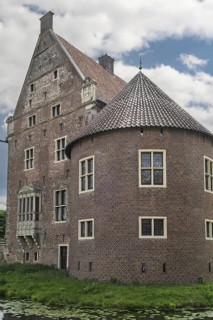 Historic moated castle, round tower, Renaissance Raesfeld Castle, Freiheit Raesfeld, Münsterland