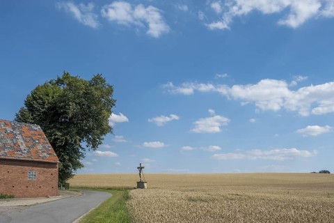 A rural house next to a field with a field cross and a tree in the foreground under a blue sky with