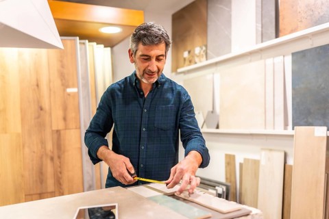 Mature architect taking measurements of ceramic tile samples using a tape measure, inside a home