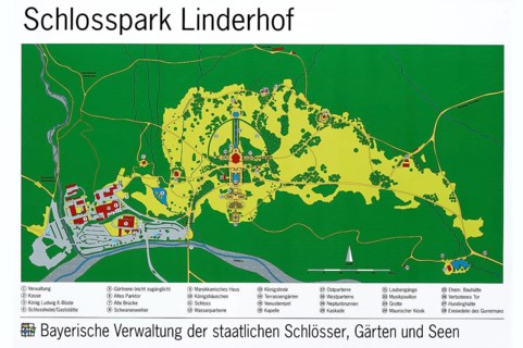 Map of Linderhof Palace Park, UNESCO World Heritage Site, Ettal, Unterammergau,