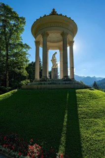 Statue of Venus with Cupid in the Temple of Venus above the terraced gardens, backlight, long