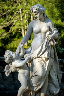 Venus and Cupid, decorative female statue with putti, terraced gardens, palace gardens of Linderhof
