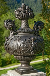 Vase with putti and ornaments, decorative ceramic vessel in Rococo style, west parterre, park of