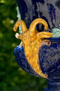 Head of a ram on a vase, ornamental vessel made of glazed ceramic in the Rococo style, west