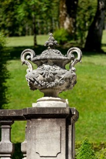 Vase at the end of a balustrade, stone ornamental vessel in Rococo style, west parterre, palace