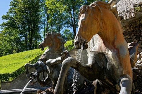 Horses of the Neptune Fountain, Rococo-style sculpture, Linderhof Castle Park, UNESCO World