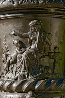 Mythological depiction, relief on a vase, ornamental ceramic vessel in Rococo style, west parterre,