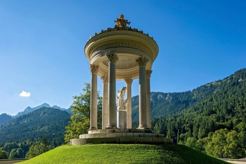 Statue of Venus with Cupid in the Temple of Venus above the terraced gardens, blue sky, park of