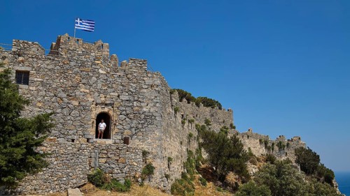 Greek flag flies over Stone Castle, Pandeli Castle, Castle, Leros Fortress, St John's Fortress,