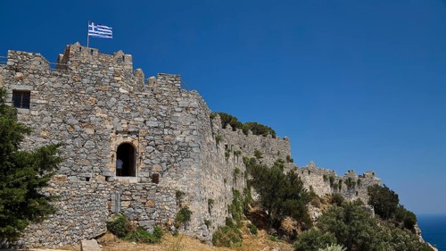 Stone-walled castle stretches across the landscape, Pandeli Castle, Castle, Leros Fortress, St