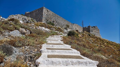 Stone staircase leads through nature to the castle, Pandeli Castle, Castle, Leros Fortress, St