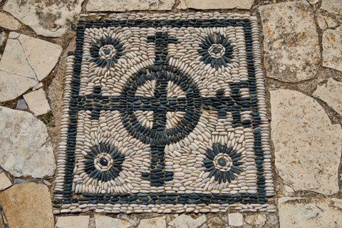 Paving mosaic of black and white stones, Panagia Kyra Church, Panagia tou Kastrou, Pandeli Castle,