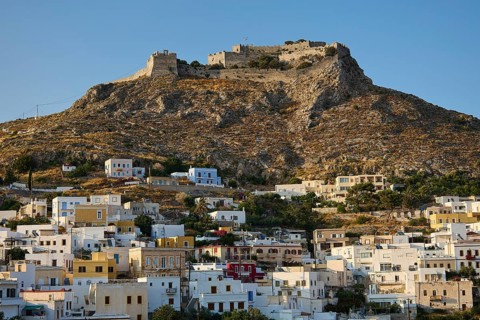 Hill with old castle above a town of white and pastel-coloured houses, Pandeli Castle, Castle,