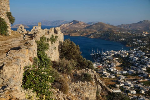 Picturesque ruins on a hill overlooking a coastal town and the sea, Pandeli Castle, Castle, Leros