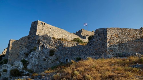 Old stone castle on a hill with clear blue sky, Pandeli Castle, Castle, Leros Fortress, St John's