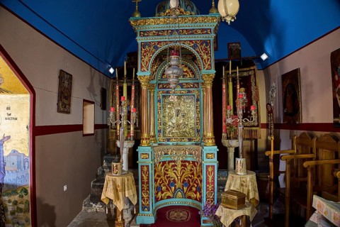 Panagia Kyra, Panagia tou Kastrou, Magnificent altar in blue church with religious icons, Pandeli