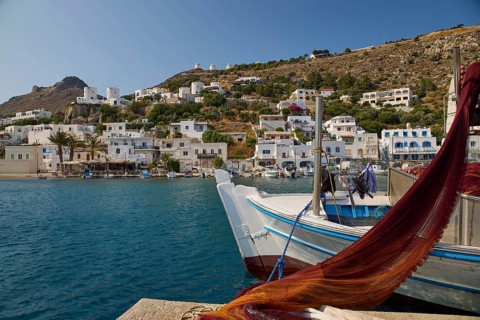 Harbour with fishing boats and white houses surrounded by blue water, Pandeli Castle, Castle, Leros