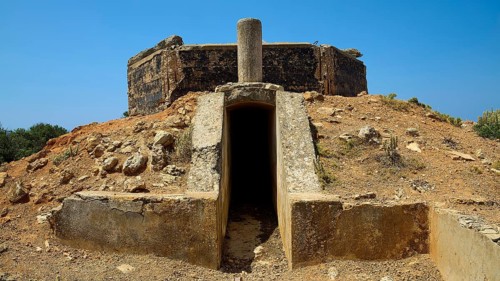Entrance to a concrete structure on a rocky, dry hill, Lost Place, Air Defence Position, Aerophone,