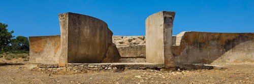 Dilapidated concrete wall structures in a dry, sunny environment, Lost Place, Air Defence Position,