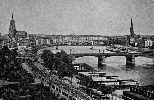 Frankfurt am Main, St Bartholomew's Cathedral (right), bridge, railway tracks, banks of the Main,