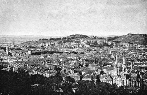 City view of Stuttgart, view from above, city church or Protestant collegiate church, valley