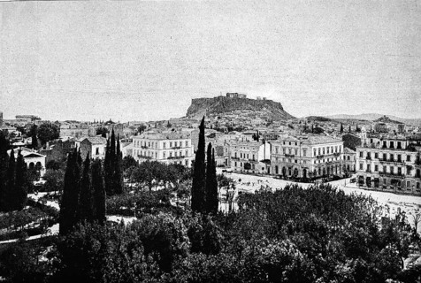 Cityscape of Athens with the Acropolis, city fortress of antiquity, villas, park, Greece,
