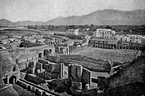 View over the archaeological excavations of Pompeii or Pompeii, ancient city at Vesuvius, Campania,
