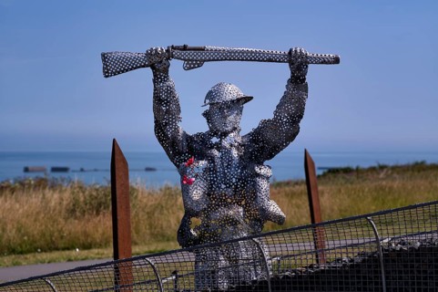 Sculpture by Bill Pendell MM, British World War II veteran, looking back at himself and his
