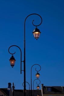 Streetlights, sky, blue, Arromanches-les-Bains, Normandy, Calvados, France