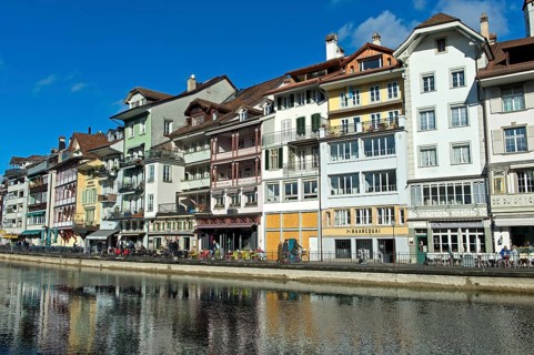 Residential and commercial buildings on Aarequai, Thun, Canton of Bern. Switzerland